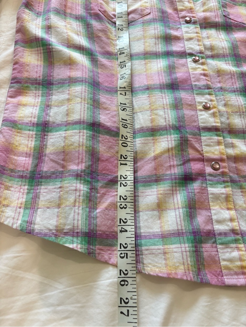 Wrangler Blues Sz L Cotton Plaid Metallic Shirt Pink Pearl Snap Buttons Western - Picture 10 of 10